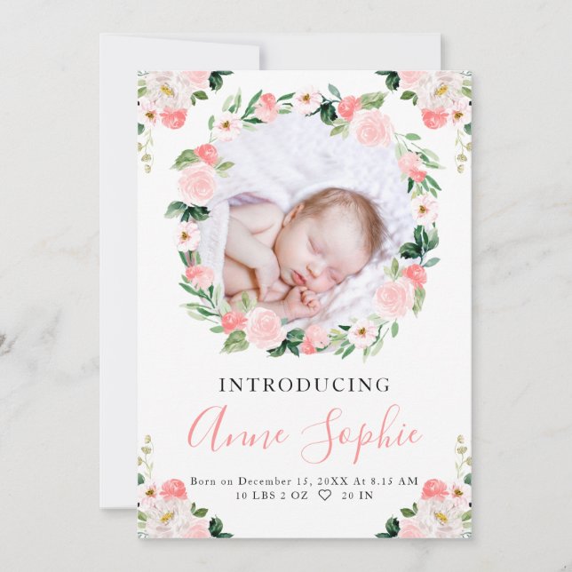 Pink Floral Birth Announcement Thank You Card (Front)