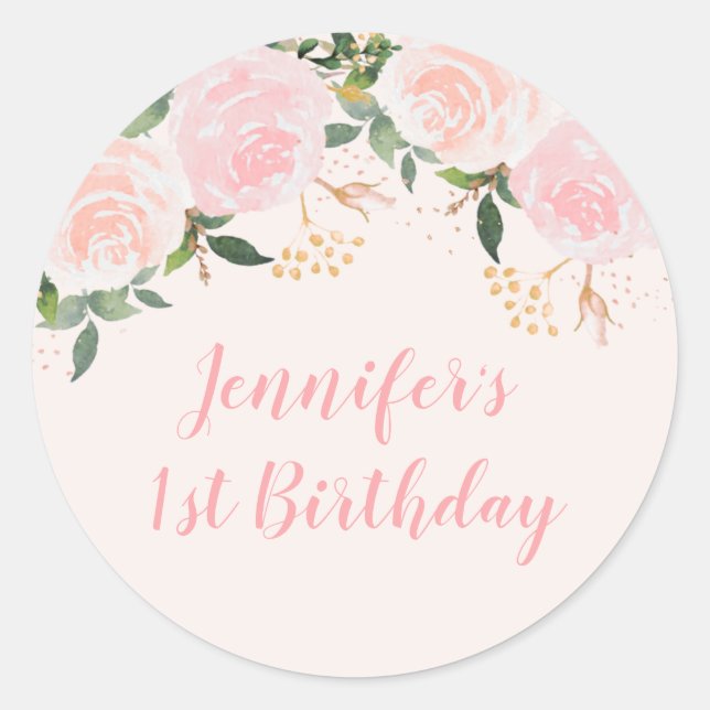 Pink Floral Birthday Classic Round Sticker (Front)
