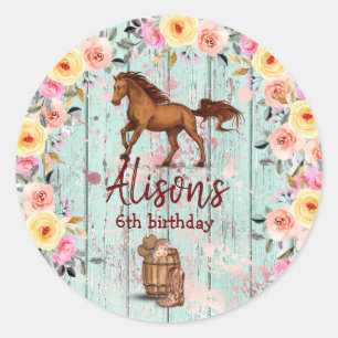 Pink Floral Birthday Horse Birthday Party Classic Round Sticker