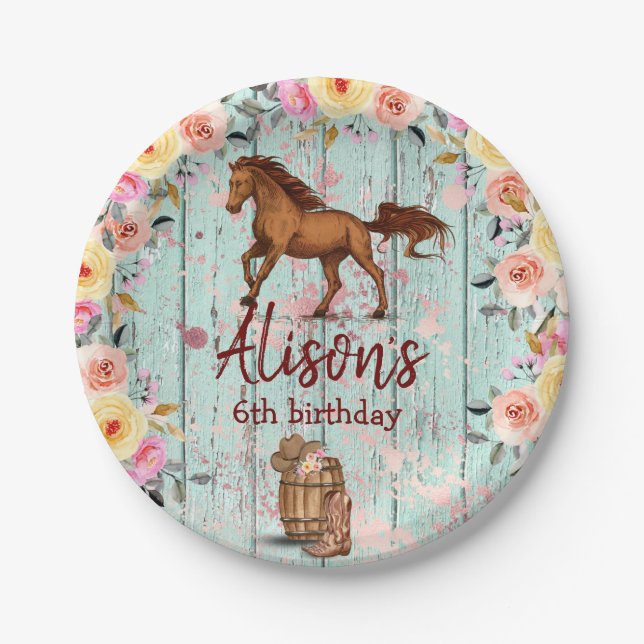 Pink Floral Birthday Horse Birthday Party Paper Plate (Front)