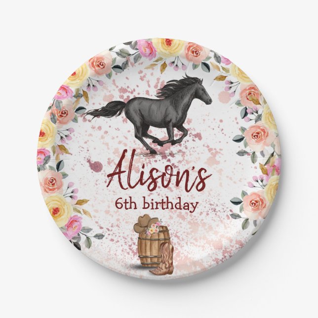 Pink Floral Birthday Horse Birthday Party  Paper Plate (Front)