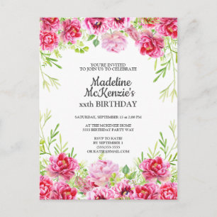 Pink Floral Birthday Party Invitation Postcard