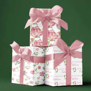 Pink Floral Birthday Wrapping Paper Sheets