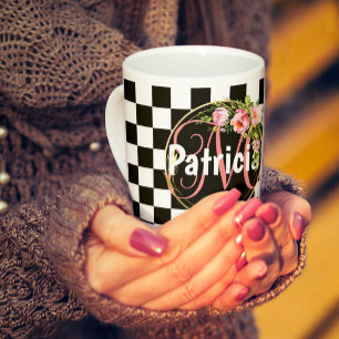 pink Floral black and white chequerboard monogram Coffee Mug