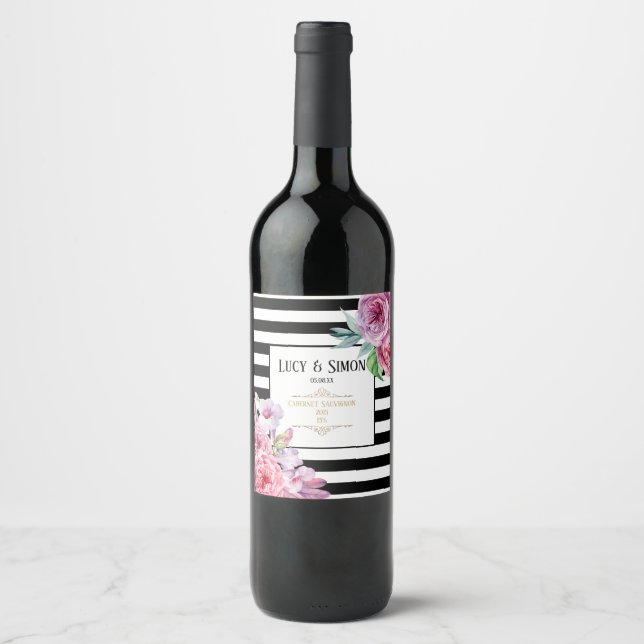 Pink Floral Black and White Stripe Wedding Wine Label (Front)
