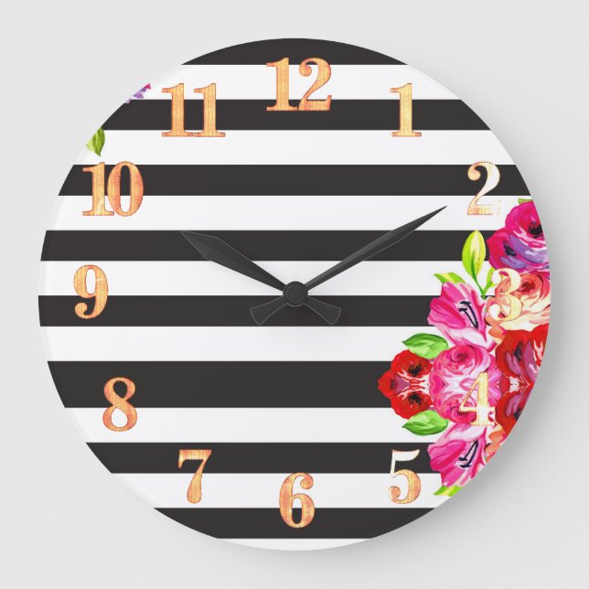 Pink Floral Black and White Striped Wall Clock (Front)