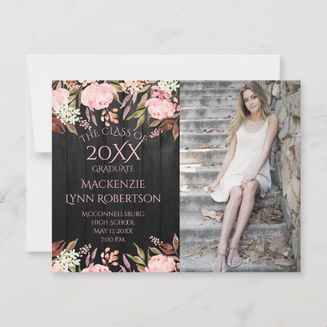 Pink Floral Black Barn Wood Photo Graduation Announcement (Front)