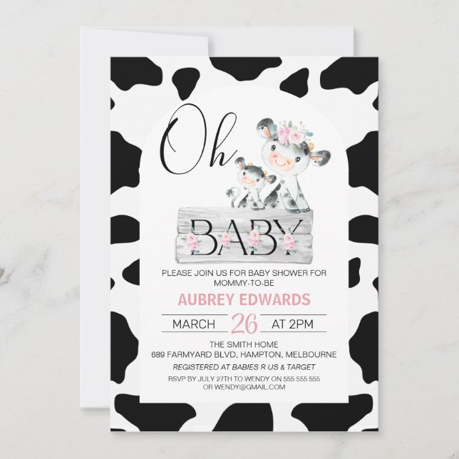 Pink Floral Black Cow Print Baby Shower Invitation (Front)