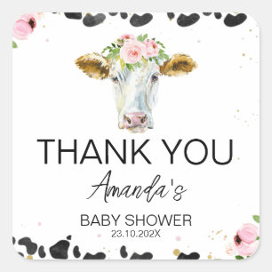 Pink Floral Black Cow Print Baby Shower   Square Sticker