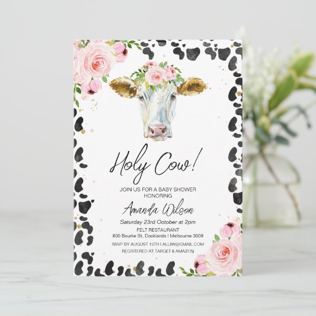 Pink Floral Black Cow Print Holy Cow Baby Shower Invitation (Standing Front)