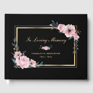 Pink Floral Black Gold Funeral Memorial Guest Book