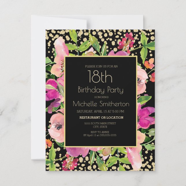Pink Floral Black Gold Glitter 18th Birthday Card (Front)