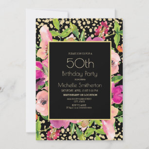 Pink Floral Black Gold Glitter 50th Birthday Card