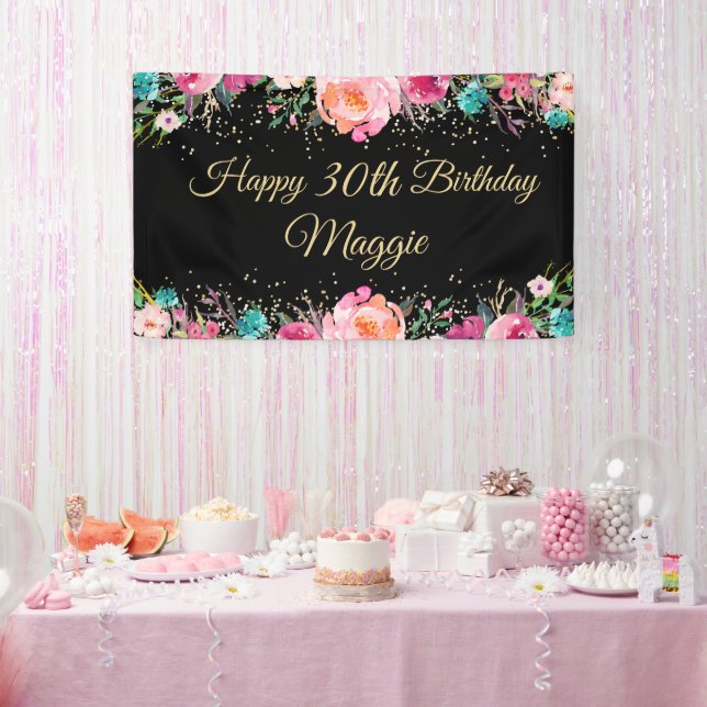 Pink Floral Black Gold Happy Birthday Banner (Party)