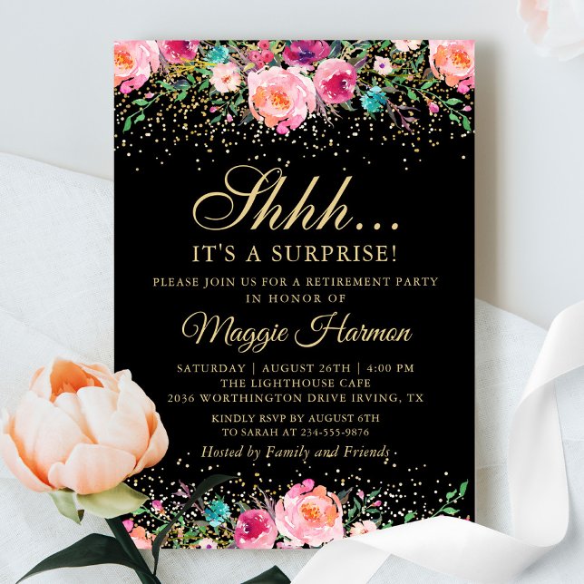 Pink Floral Black Gold Surprise Retirement Party Invitation (Creator Uploaded)