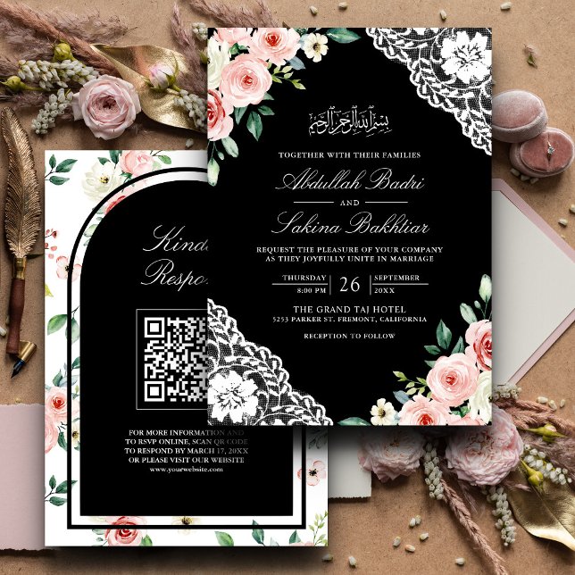 Pink Floral Black Lace QR Code Muslim Wedding Invitation (Creator Uploaded)