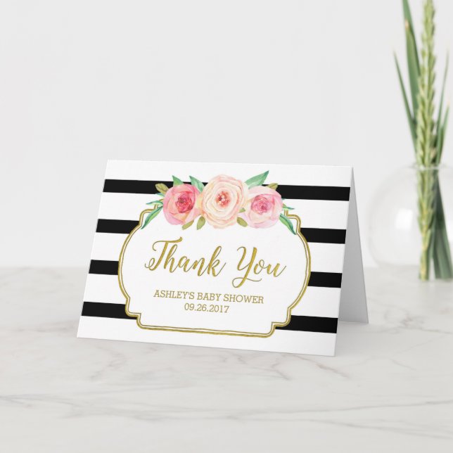 Pink Floral Black Stripes Baby Shower Thank You Card (Front)