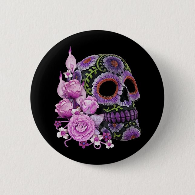 Pink Floral Black Sugar Skull Day Of The Dead 6 Cm Round Badge (Front)