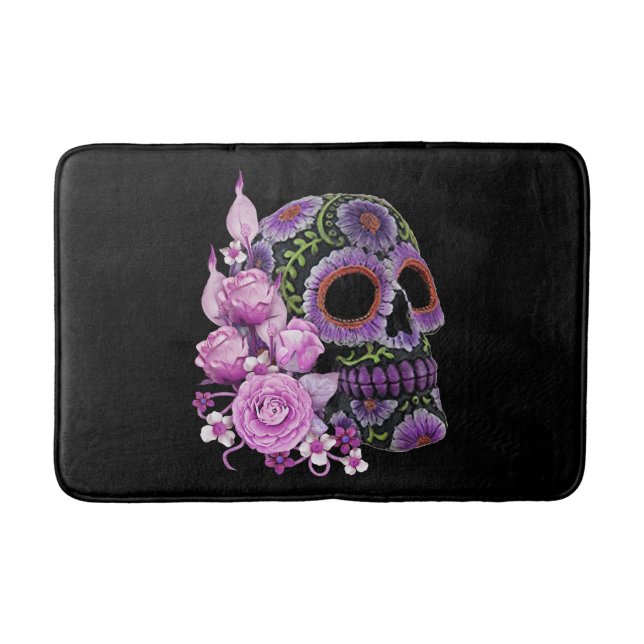 Pink Floral Black Sugar Skull Day Of The Dead Bath Mat (Front)