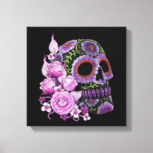 Pink Floral Black Sugar Skull Day Of The Dead Canvas Print