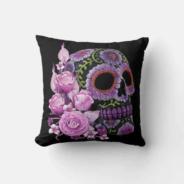 Pink Floral Black Sugar Skull Day Of The Dead Cushion (Front)