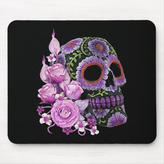 Pink Floral Black Sugar Skull Day Of The Dead Mouse Mat (Front)