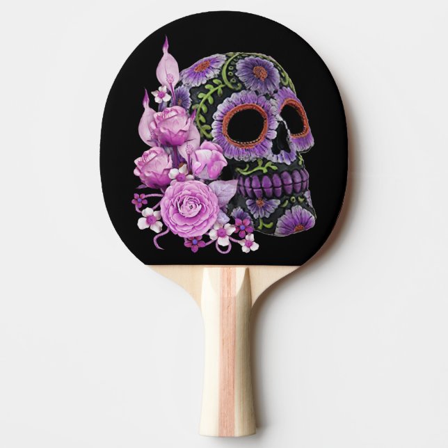 Pink Floral Black Sugar Skull Day Of The Dead Ping Pong Paddle (Front)