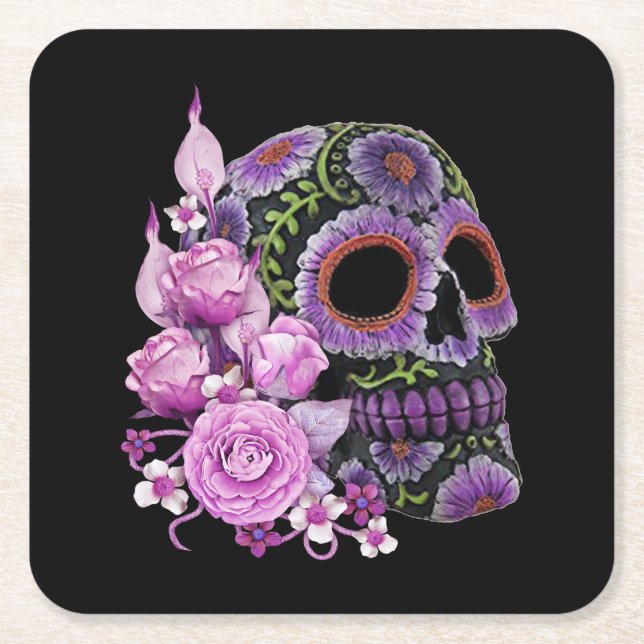 Pink Floral Black Sugar Skull Day Of The Dead Square Paper Coaster (Front)