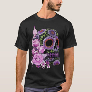 Pink Floral Black Sugar Skull Day Of The Dead T-Shirt