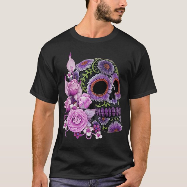 Pink Floral Black Sugar Skull Day Of The Dead T-Shirt (Front)