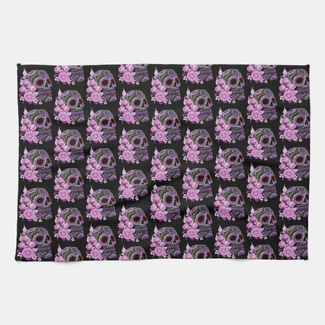 Pink Floral Black Sugar Skull Day Of The Dead Tea Towel (Horizontal)