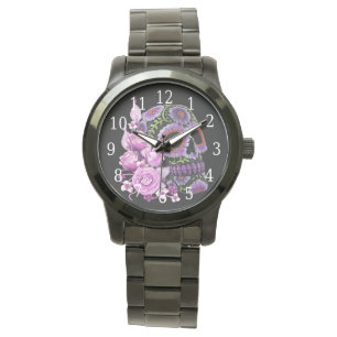 Pink Floral Black Sugar Skull Day Of The Dead Watch