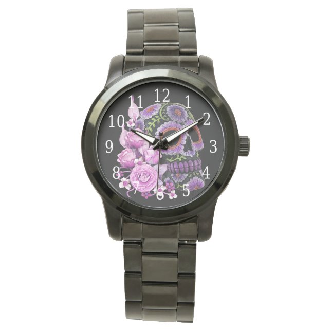 Pink Floral Black Sugar Skull Day Of The Dead Watch (Front)