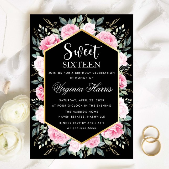 Pink Floral Black Sweet Sixteen 16 Birthday Invitation (Creator Uploaded)