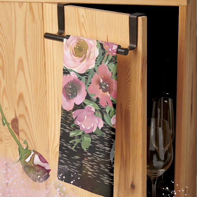 Pink Floral Black Tea Towel (Pink floral black kitchen towel)