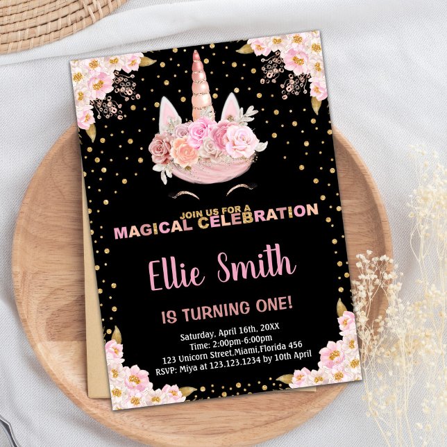 Pink Floral Black Unicorn Birthday Invitations (Pink Floral Black Unicorn Birthday Invitations)