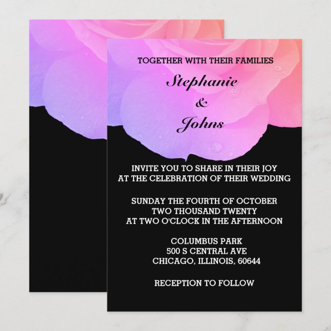 Pink Floral Black White Cool Rose Trendy Wedding Invitation (Front/Back)