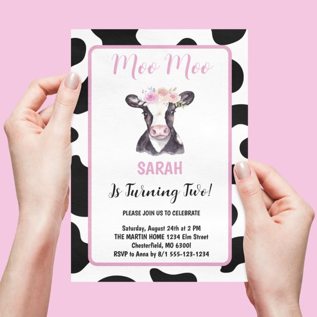 Pink Floral Black White Cow Print 2nd Birthday Invitation (Creator Uploaded)