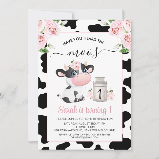 Pink Floral Black White Cow Print Birthday  Invitation (Front)