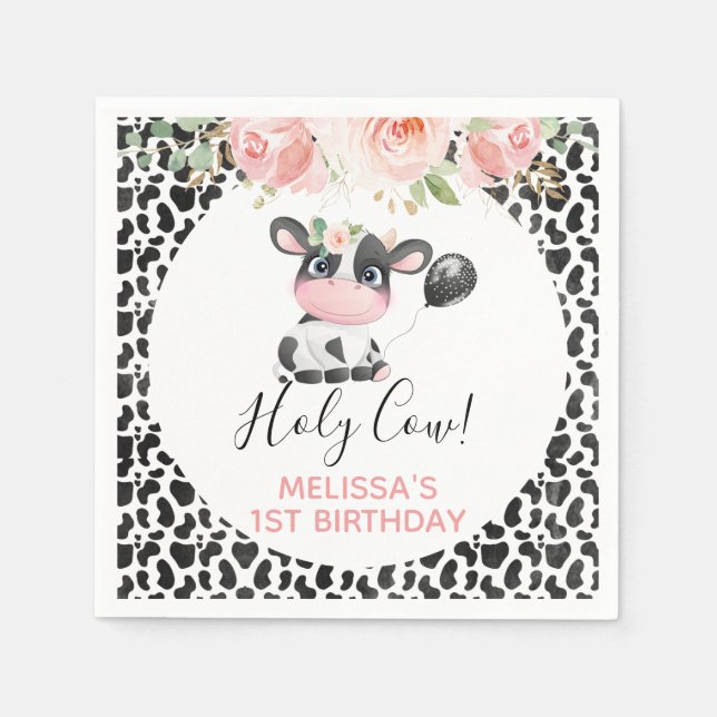  Pink Floral Black White Cow Print Birthday Party  Napkin (Front)