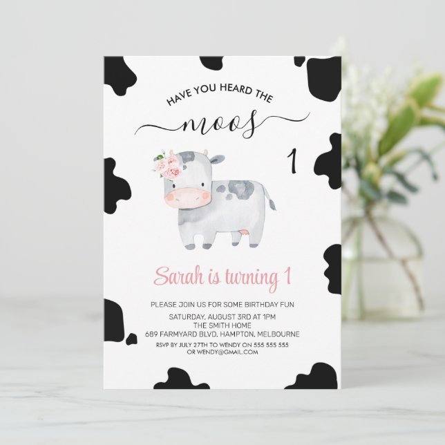 Pink Floral Black White Gray Cow Print Birthday Invitation (Standing Front)