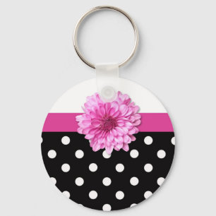 Pink floral black white polka dots girly key ring