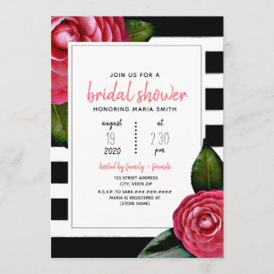 Pink  Floral Black + White Stripe Bridal Shower Invitation