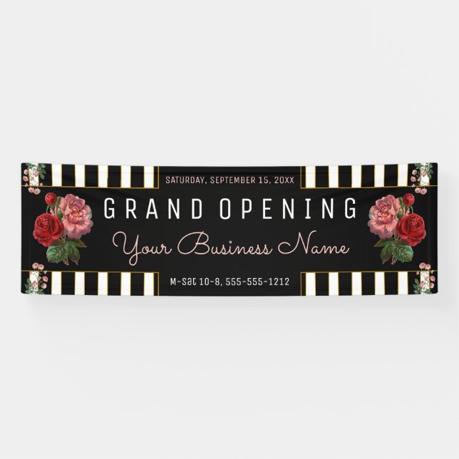 Pink Floral Black | White Stripes Business Banner (Horizontal)