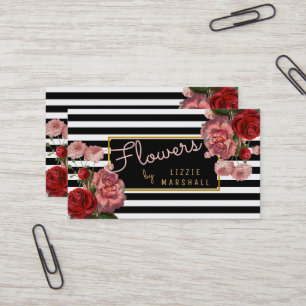 Pink Floral Black White Stripes Flower Florist Business Card