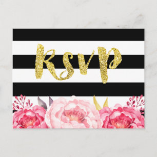 Pink Floral Black White Stripes Gold Glitter RSVP Invitation Postcard