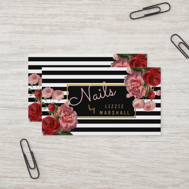 Pink Floral | Black White Stripes Nail Tech Business Card (Front/Back In Situ)