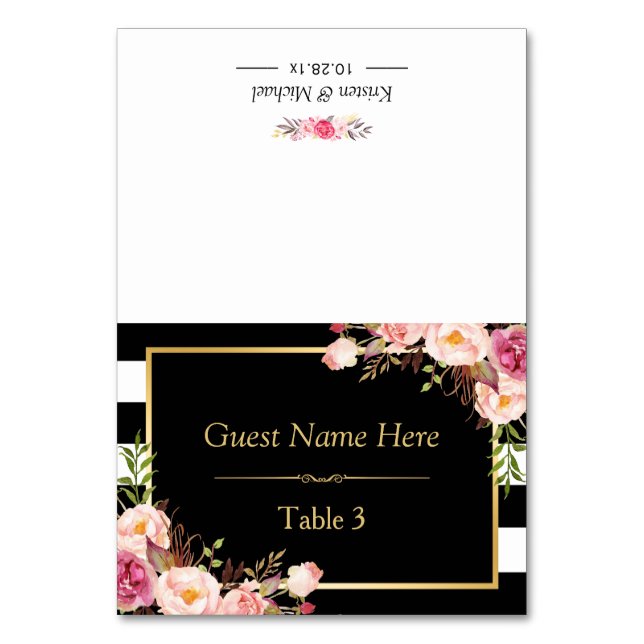 Pink Floral Black White Stripes Wedding Place Table Number (Front)