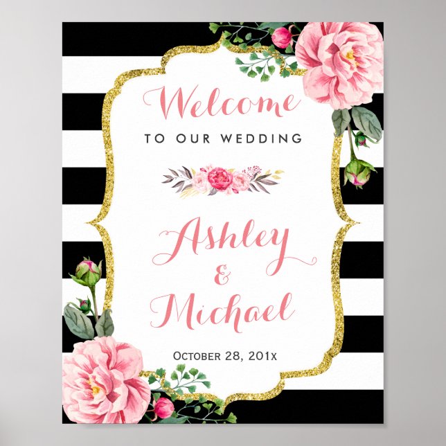 Pink Floral Black White Stripes | Wedding Sign (Front)