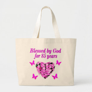 PINK FLORAL BLESSED BY GOD FOR 85 YEARS LARGE TOTE BAG